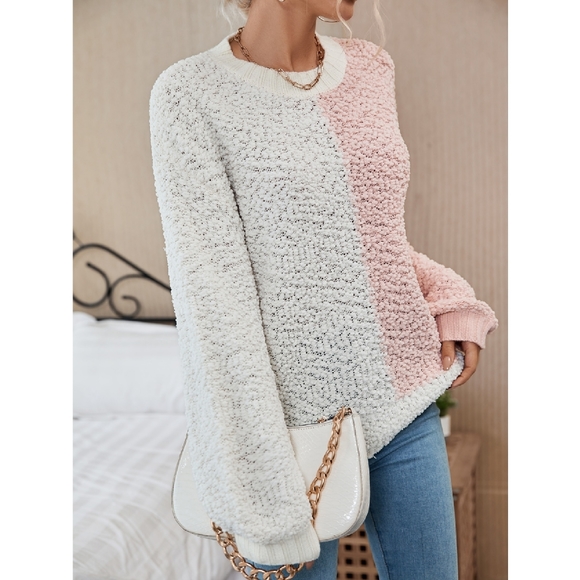 Pink & White Popcorn Knit Sweater Large NWOT - Picture 3 of 6